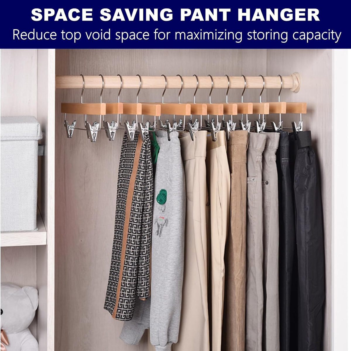 24 Pack Natural Wooden Pants Hangers with Clips, Wood Skirt Hangers Trouser Hangers for Jeans, Slacks, Shorts with 2-Adjustable Clips (Natural, 24 Pack)