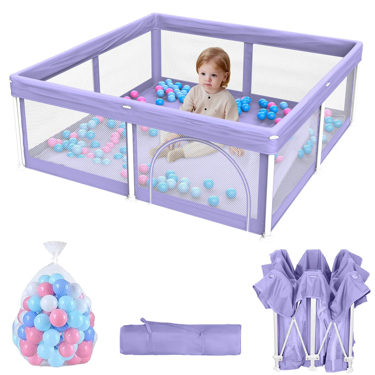 G TALECO GEAR Foldable Collapsible Portable Safety Playpen Play Yard (50"X50") with Mat, Breathable Gate, 50 Ocean Balls for Babies, Toddlers & Parents