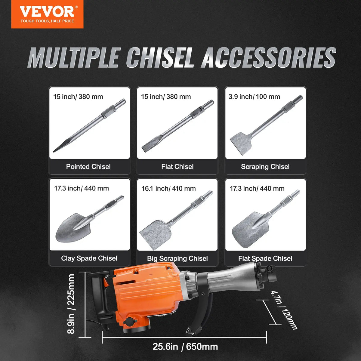 【Toolupgrade】Vevor Heavy Duty Impact Drill Demolition Jackhammer Work Tool Set - 2000W 110V Ready Power, Aluminum Body, 2/4/6 Drill Bits, 360°C Swiveling Front Handle, Cooling System, Gloves Included, for Construction Concrete Breaking, Chimney Work