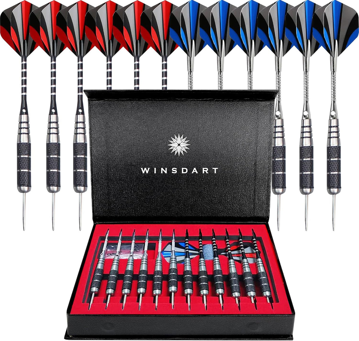 ADKX Steel Tip Darts 12 Pack Set with Nonslip Iron Barrel Aluminum Dart Shafts and Flights + Darts Sharpener + an Gift Box