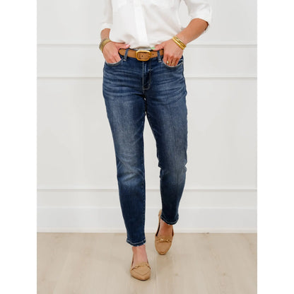 Restock! Judy Blue My Favorite Boyfriend Mid-Rise Dark Wash Non Distressed Cuffed Boyfriend Jeans