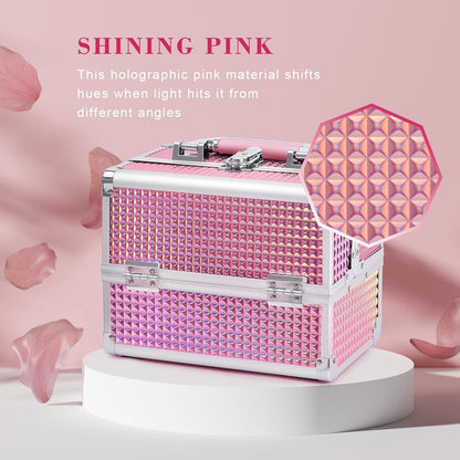 Vanity Case Makeup Box Nail Polish Organiser Beauty Storage Make up Organiser Jewellery Box with Mirror, Lockable with Keys, Holographic Pink