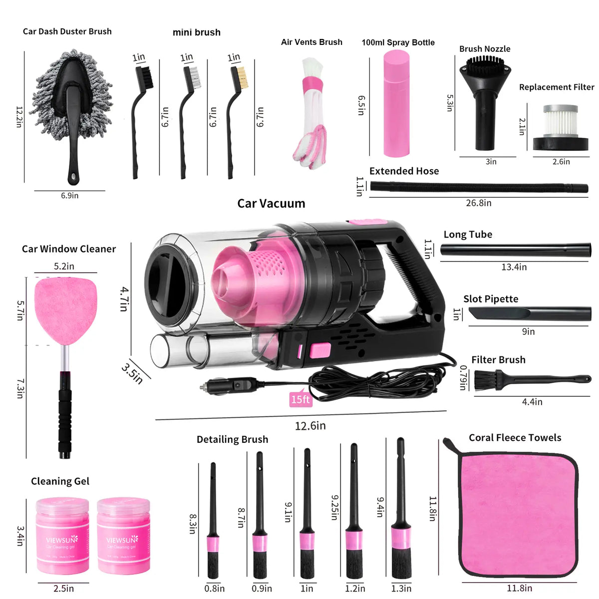 【Tiktokshopstockup】Viewsun 17Pcs Car Cleaning Kit, Pink Car Interior Detailing Kit with High Power Handheld Vacuum, Detailing Brush Set, Windshield Cleaner, Cleaning Gel, Complete Auto Accessories for Women Gift,Summervibes Toolupgrade