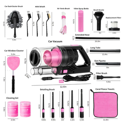 【Tiktokshopstockup】Viewsun 17Pcs Car Cleaning Kit, Pink Car Interior Detailing Kit with High Power Handheld Vacuum, Detailing Brush Set, Windshield Cleaner, Cleaning Gel, Complete Auto Accessories for Women Gift,Summervibes Toolupgrade