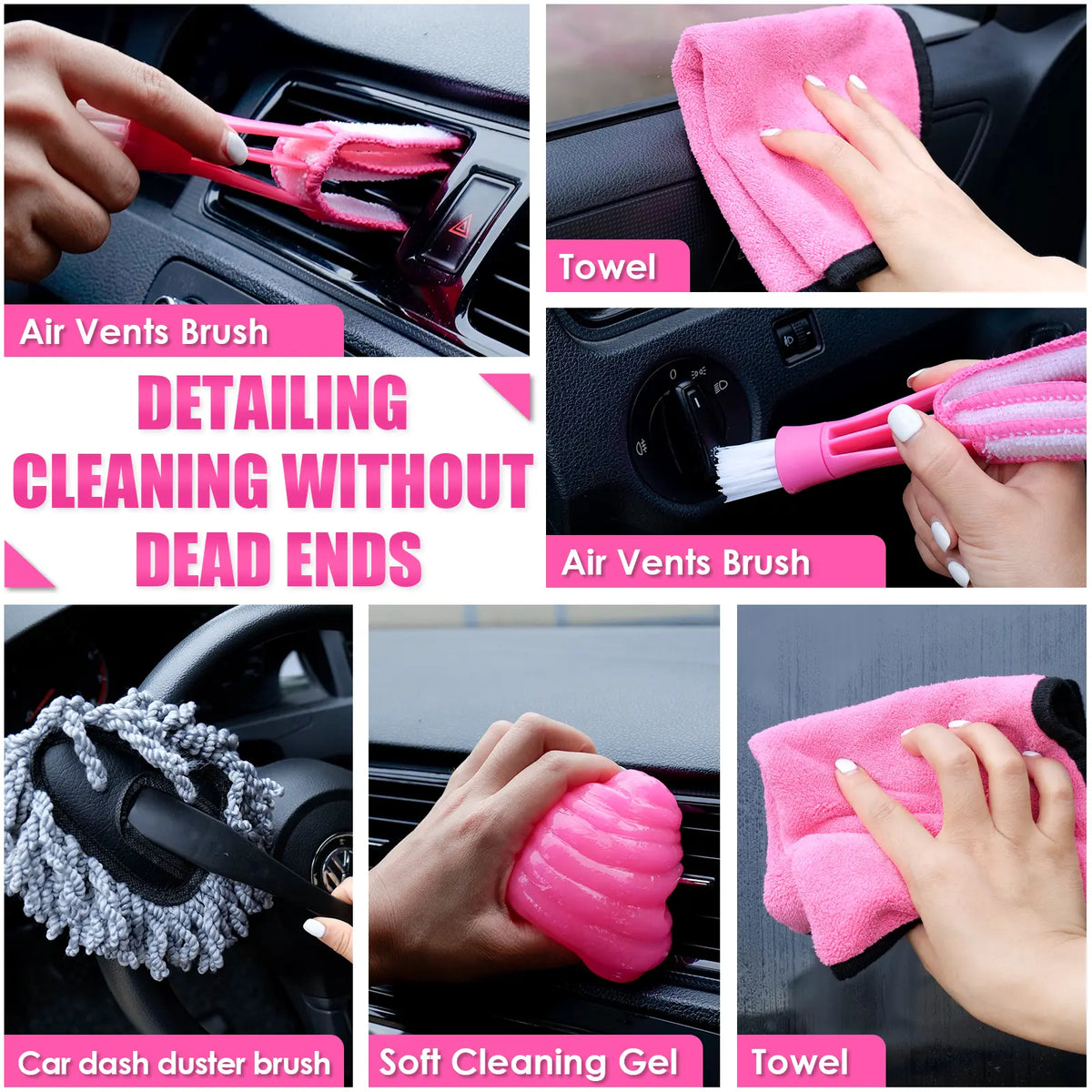【Tiktokshopstockup】Viewsun 17Pcs Car Cleaning Kit, Pink Car Interior Detailing Kit with High Power Handheld Vacuum, Detailing Brush Set, Windshield Cleaner, Cleaning Gel, Complete Auto Accessories for Women Gift,Summervibes Toolupgrade