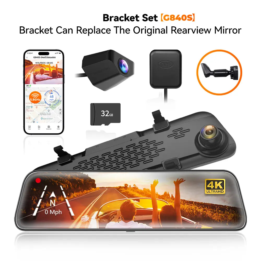 WOLFBOX G840S 12" Smart Rearview Mirror for Cars & Trucks,Backup Camera,4K Dashcam with 5.8Ghz Wifi,Front and Rear View Dual Cameras, Night Vision, Parking Assistance, Included 32GB Card & Gps,Car Accessories,Toolupgrade