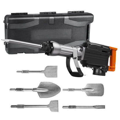 【Toolupgrade】Vevor Heavy Duty Impact Drill Demolition Jackhammer Work Tool Set - 2000W 110V Ready Power, Aluminum Body, 2/4/6 Drill Bits, 360°C Swiveling Front Handle, Cooling System, Gloves Included, for Construction Concrete Breaking, Chimney Work