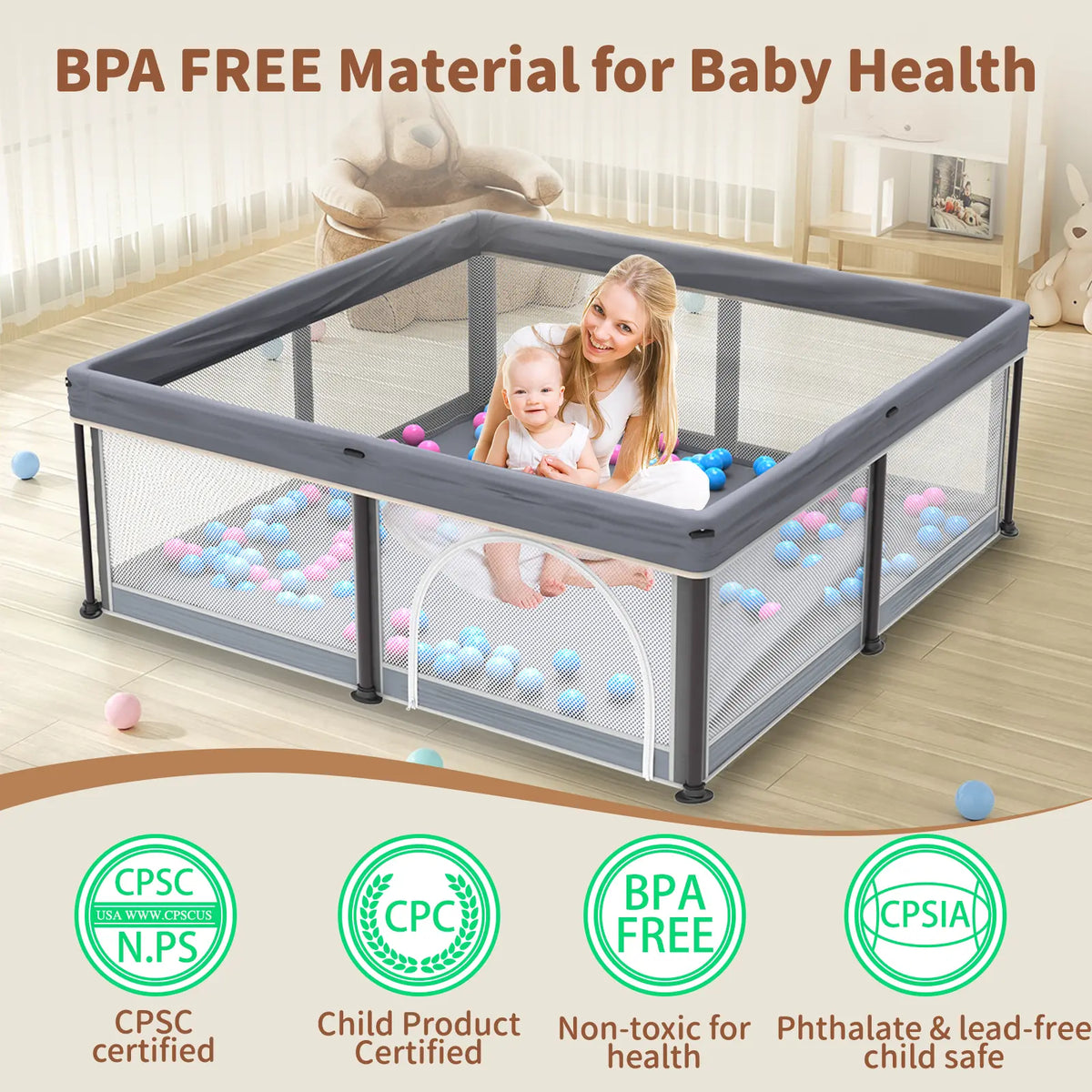 G TALECO GEAR Foldable Collapsible Portable Safety Playpen Play Yard (50"X50") with Mat, Breathable Gate, 50 Ocean Balls for Babies, Toddlers & Parents