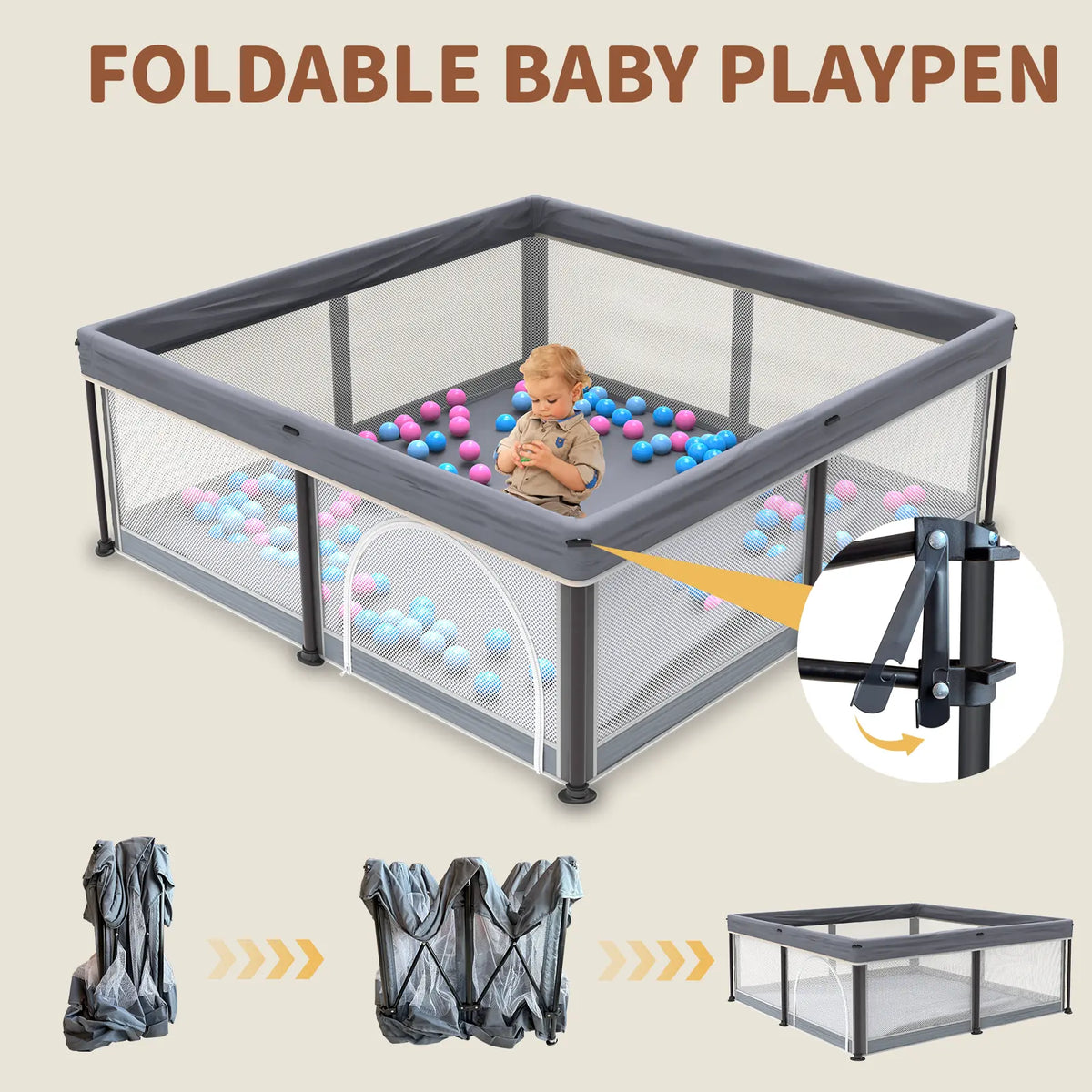 G TALECO GEAR Foldable Collapsible Portable Safety Playpen Play Yard (50"X50") with Mat, Breathable Gate, 50 Ocean Balls for Babies, Toddlers & Parents