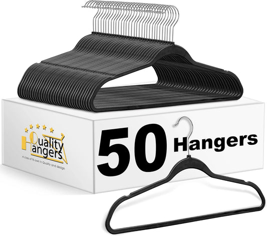 Quality Suit Hangers 50-Pack, Non-Velvet Plastic Hangers for Clothes Ultra Thin Space Saving 360 Degree Swivel Hook Strong and Durable Clothes Hangers Hold Up-To 10 Lbs, for Coats, Pants (Black, 50)
