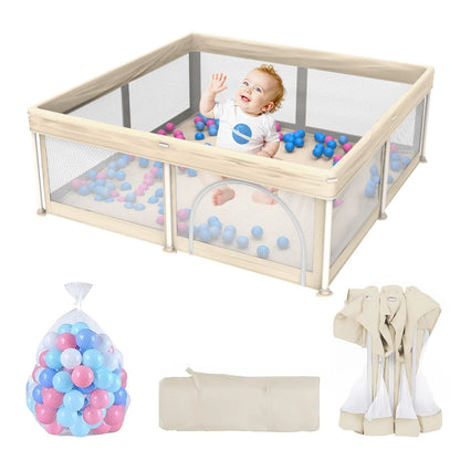 G TALECO GEAR Foldable Collapsible Portable Safety Playpen Play Yard (50"X50") with Mat, Breathable Gate, 50 Ocean Balls for Babies, Toddlers & Parents