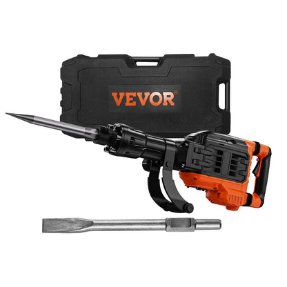 【Toolupgrade】Vevor Heavy Duty Impact Drill Demolition Jackhammer Work Tool Set - 2000W 110V Ready Power, Aluminum Body, 2/4/6 Drill Bits, 360°C Swiveling Front Handle, Cooling System, Gloves Included, for Construction Concrete Breaking, Chimney Work
