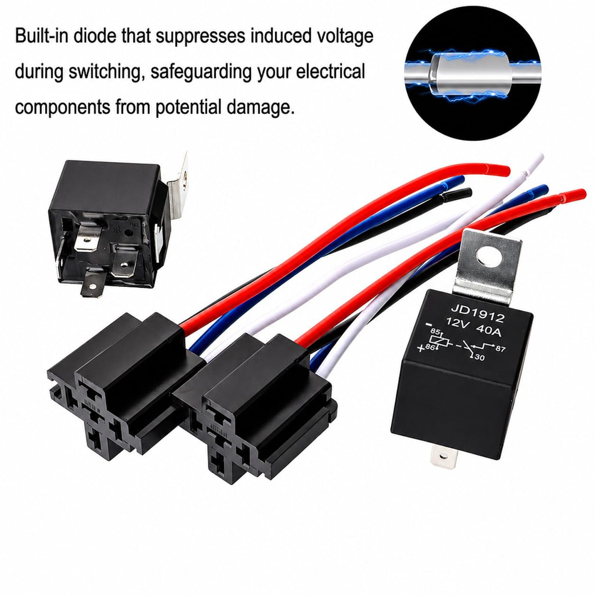 2Pcs JD1912 Car Relay Harness 12V 40A 4 Pin SPST 12AWG Harness Sockets with Built-In Diode for Automotive Truck Van Motorcycle Boat