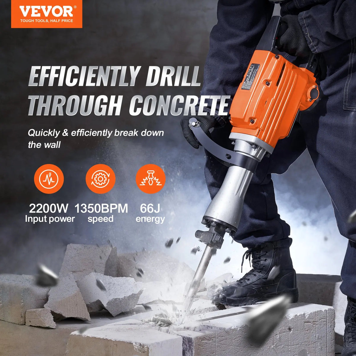 【Toolupgrade】Vevor Heavy Duty Impact Drill Demolition Jackhammer Work Tool Set - 2000W 110V Ready Power, Aluminum Body, 2/4/6 Drill Bits, 360°C Swiveling Front Handle, Cooling System, Gloves Included, for Construction Concrete Breaking, Chimney Work