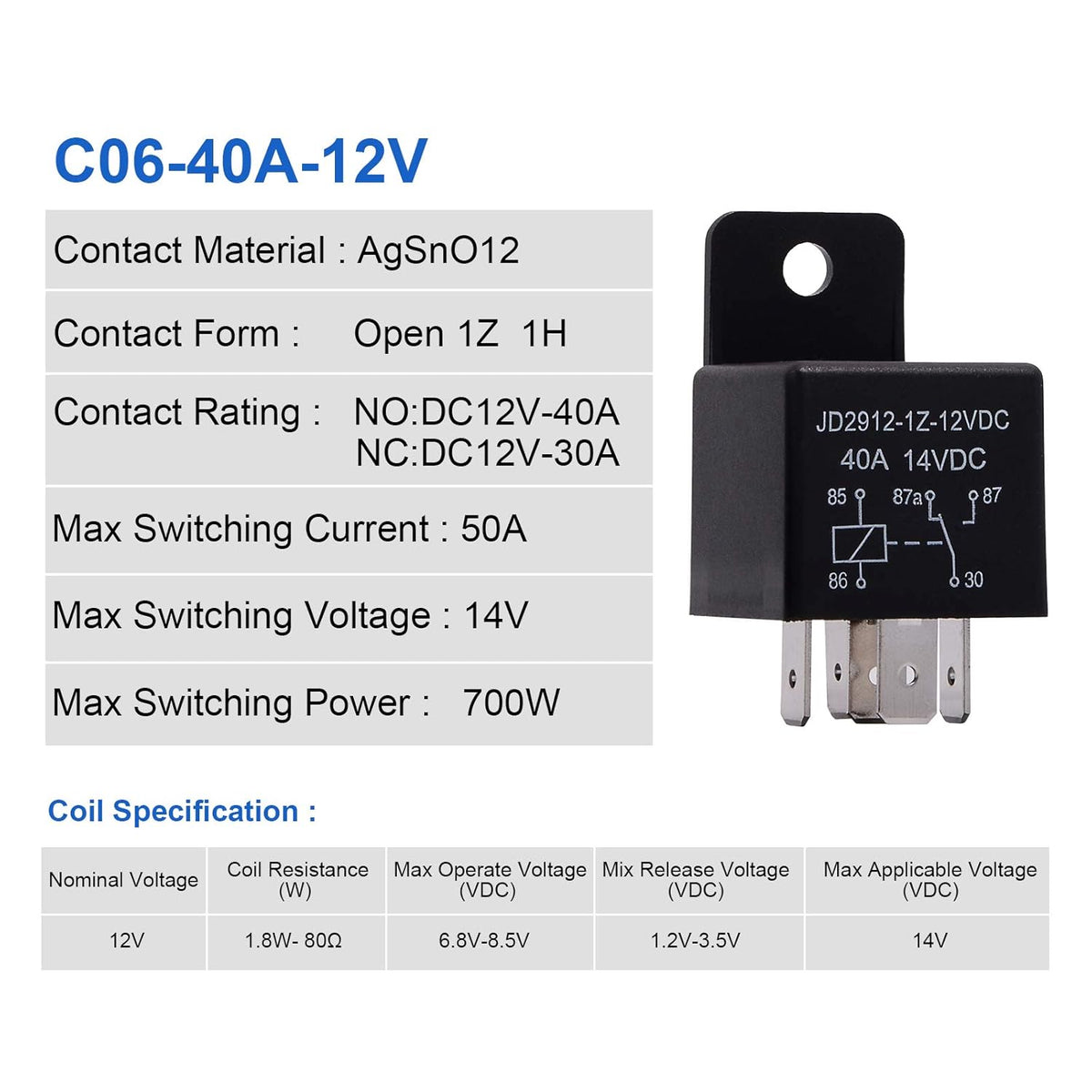 2 PCS Car Relay 12V 40A, 5 Pin Coil, Automotive Relay Contactor Switch