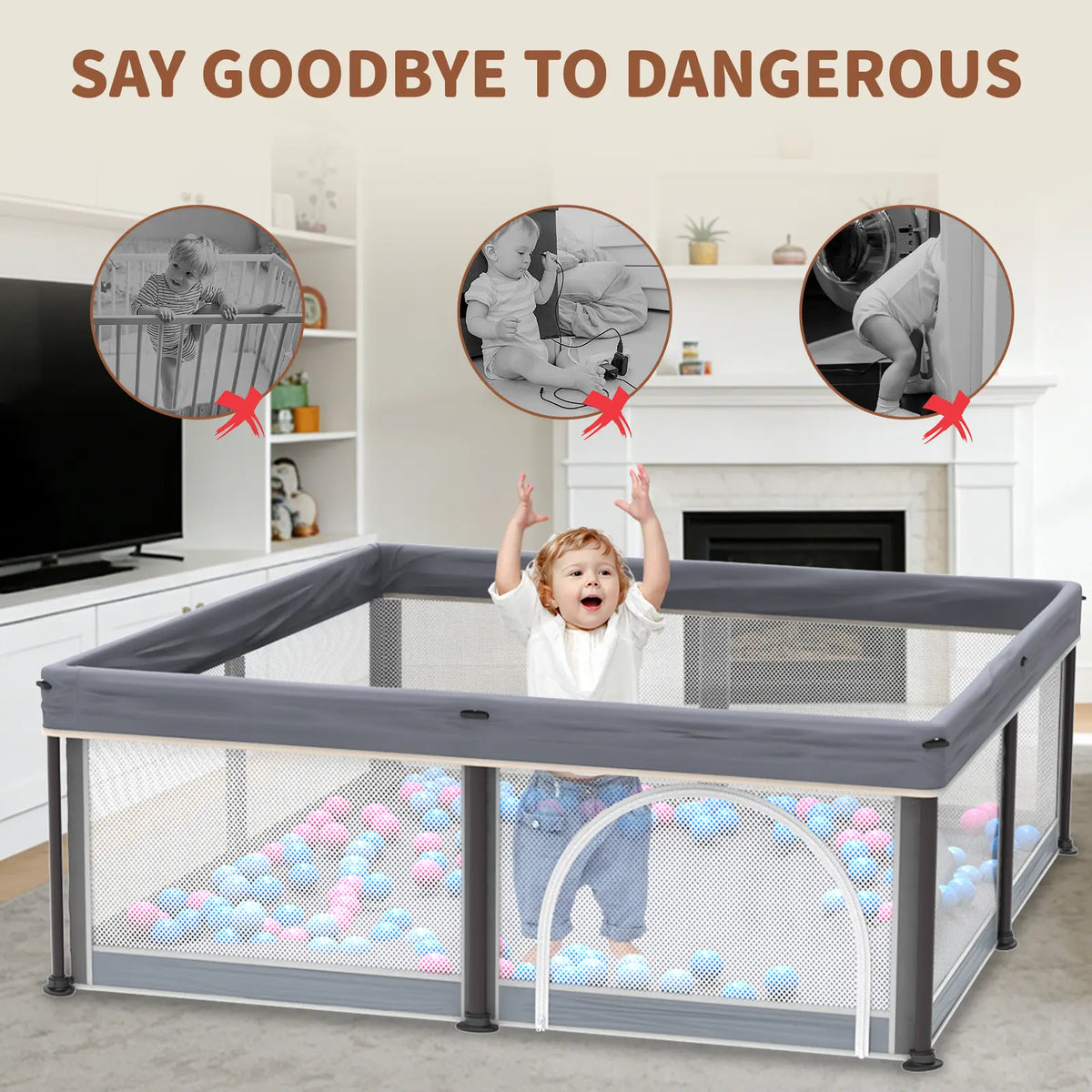 G TALECO GEAR Foldable Collapsible Portable Safety Playpen Play Yard (50"X50") with Mat, Breathable Gate, 50 Ocean Balls for Babies, Toddlers & Parents
