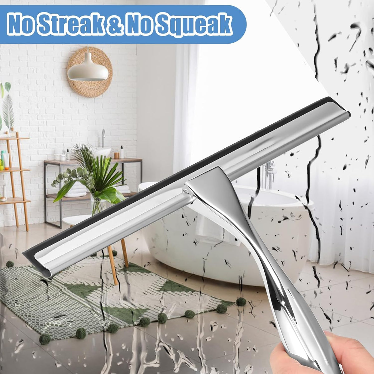 Shower Squeegee, 10 Inch Stainless Steel Glass Wiper with Hook