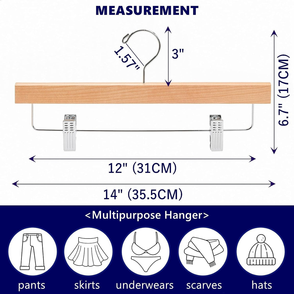 24 Pack Natural Wooden Pants Hangers with Clips, Wood Skirt Hangers Trouser Hangers for Jeans, Slacks, Shorts with 2-Adjustable Clips (Natural, 24 Pack)
