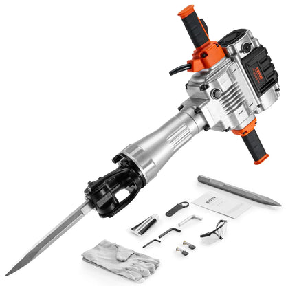 【Toolupgrade】Vevor Heavy Duty Impact Drill Demolition Jackhammer Work Tool Set - 2000W 110V Ready Power, Aluminum Body, 2/4/6 Drill Bits, 360°C Swiveling Front Handle, Cooling System, Gloves Included, for Construction Concrete Breaking, Chimney Work