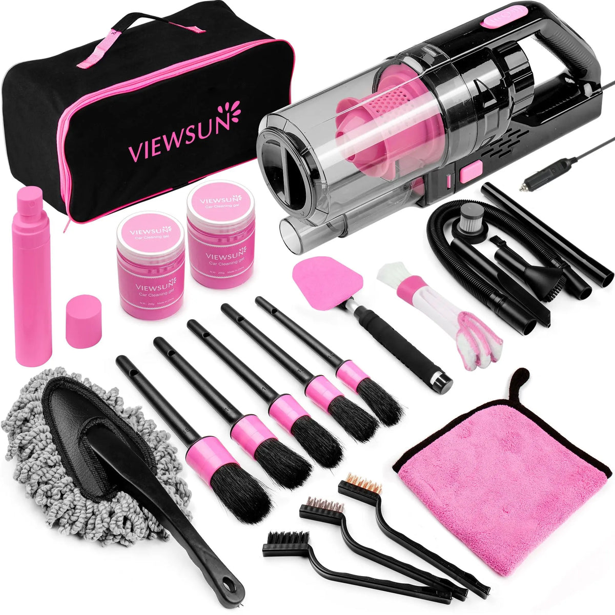 【Tiktokshopstockup】Viewsun 17Pcs Car Cleaning Kit, Pink Car Interior Detailing Kit with High Power Handheld Vacuum, Detailing Brush Set, Windshield Cleaner, Cleaning Gel, Complete Auto Accessories for Women Gift,Summervibes Toolupgrade
