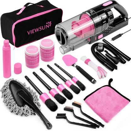 【Tiktokshopstockup】Viewsun 17Pcs Car Cleaning Kit, Pink Car Interior Detailing Kit with High Power Handheld Vacuum, Detailing Brush Set, Windshield Cleaner, Cleaning Gel, Complete Auto Accessories for Women Gift,Summervibes Toolupgrade