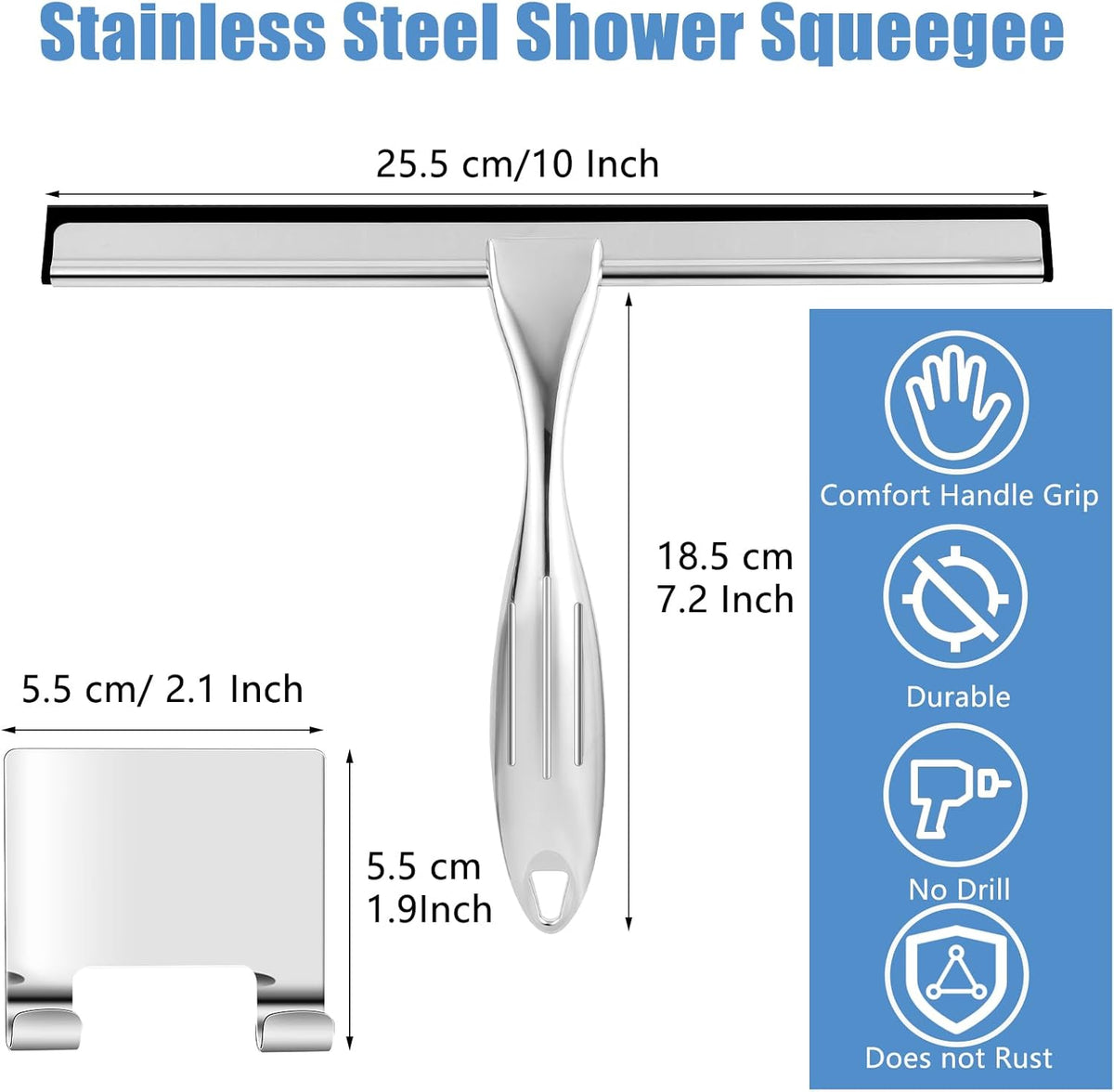 Shower Squeegee, 10 Inch Stainless Steel Glass Wiper with Hook