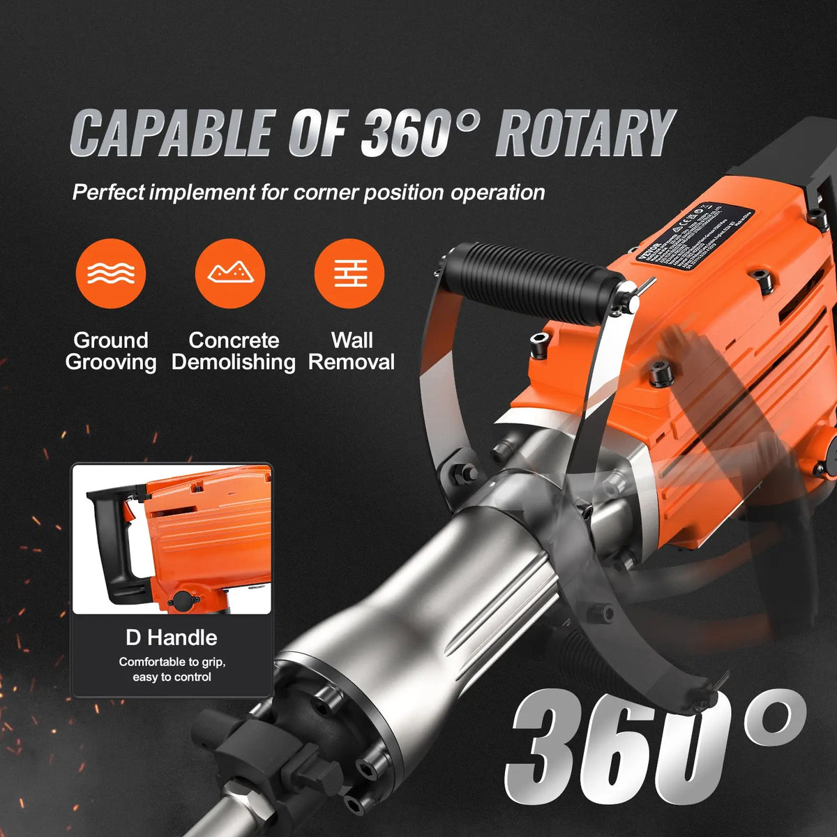 【Toolupgrade】Vevor Heavy Duty Impact Drill Demolition Jackhammer Work Tool Set - 2000W 110V Ready Power, Aluminum Body, 2/4/6 Drill Bits, 360°C Swiveling Front Handle, Cooling System, Gloves Included, for Construction Concrete Breaking, Chimney Work