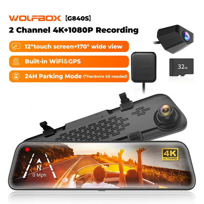WOLFBOX G840S 12" Smart Rearview Mirror for Cars & Trucks,Backup Camera,4K Dashcam with 5.8Ghz Wifi,Front and Rear View Dual Cameras, Night Vision, Parking Assistance, Included 32GB Card & Gps,Car Accessories,Toolupgrade
