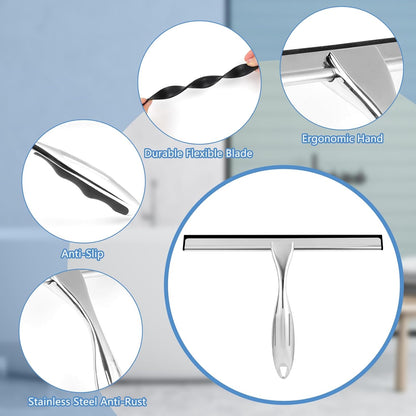 Shower Squeegee, 10 Inch Stainless Steel Glass Wiper with Hook