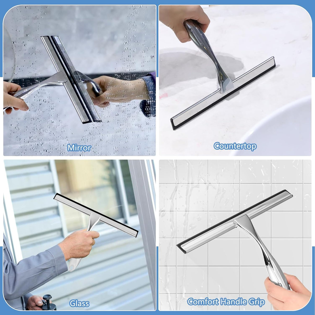 Shower Squeegee, 10 Inch Stainless Steel Glass Wiper with Hook
