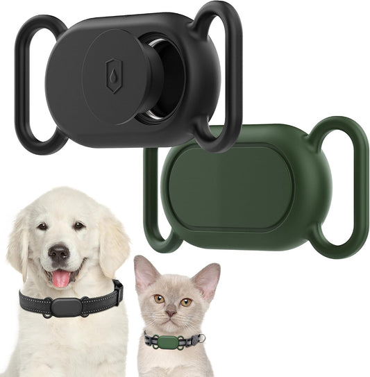 Dog Collar Holder(2 Pack) for Galaxy Smarttag2, Waterproof Silicone Case for Pet Cat, Anti-Lost Scratch Resistant Protective Cover Accessory for Samsung Galaxy Smart Tag2 (Black/Olive Green)