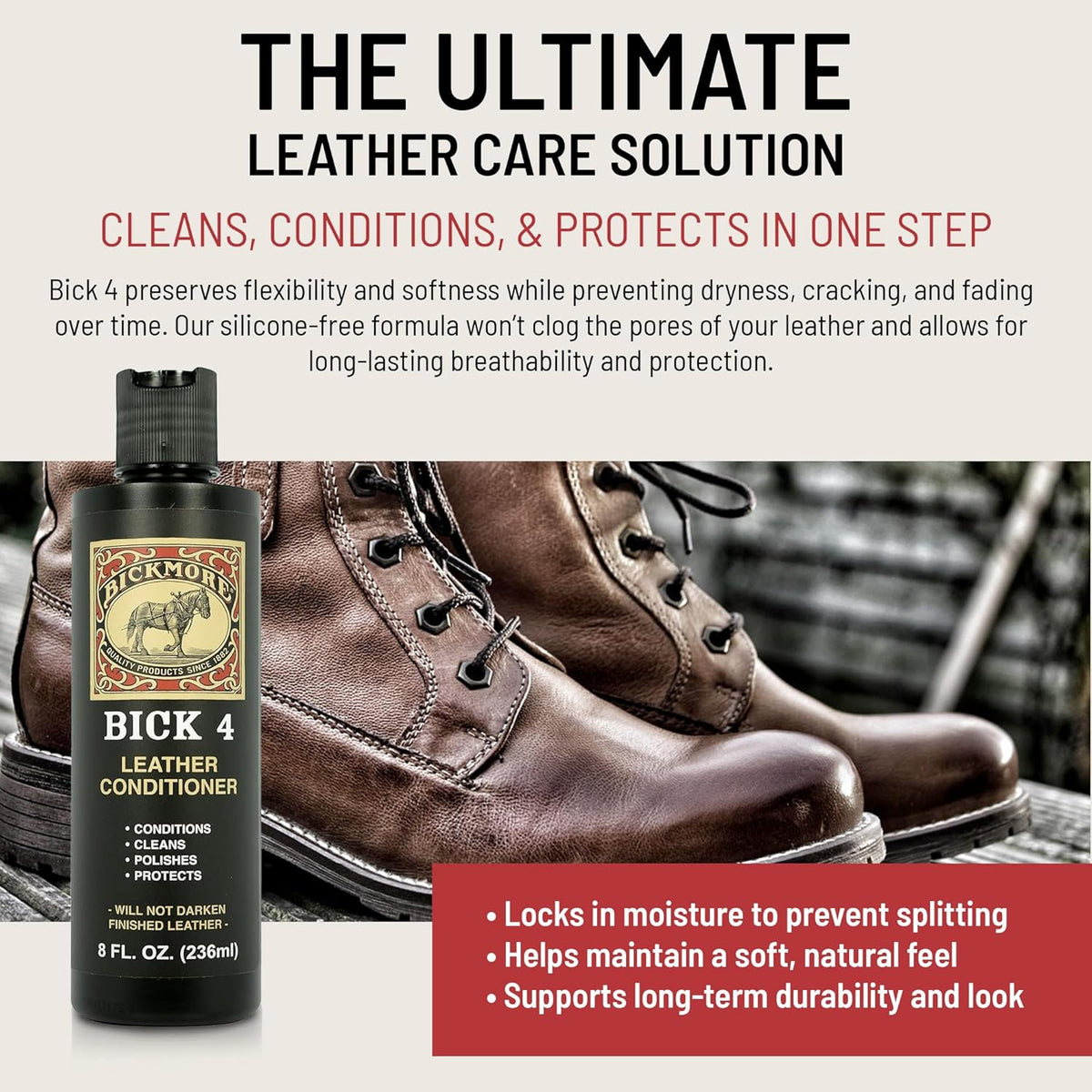 Bick 4 Leather Conditioner 8 Oz - Best since 1882 - Cleaner & Conditioner - Restore Polish & Protect All Smooth Finished Leathers