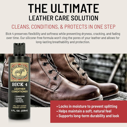Bick 4 Leather Conditioner 8 Oz - Best since 1882 - Cleaner & Conditioner - Restore Polish & Protect All Smooth Finished Leathers