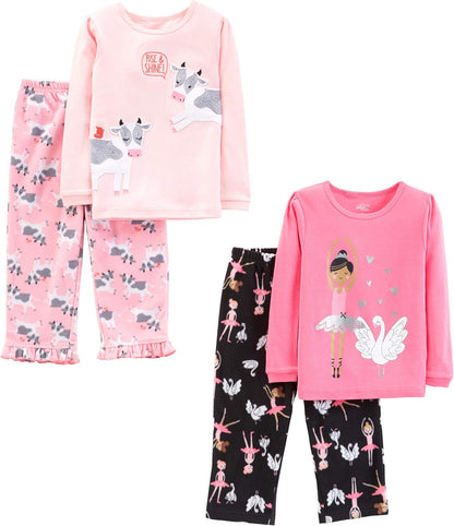 Girl'S 4-Piece Pajama Set (Cotton Top & Fleece Bottom) Pajama Set (Pack of 1)