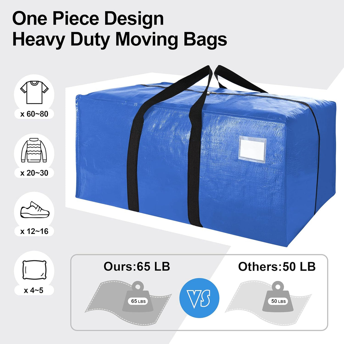Heavy Duty Extra Large Moving Bags W/Backpack Straps - Strong Handles & Zippers, Storage Totes for Space Saving, Fold Flat, Alternative to Box and Bin (Set of 6, Multicolor)
