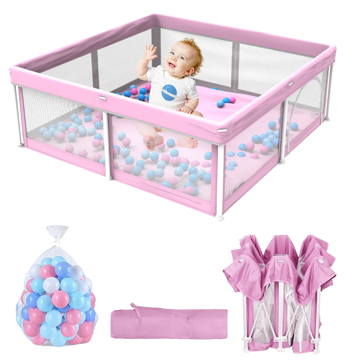 G TALECO GEAR Foldable Collapsible Portable Safety Playpen Play Yard (50"X50") with Mat, Breathable Gate, 50 Ocean Balls for Babies, Toddlers & Parents