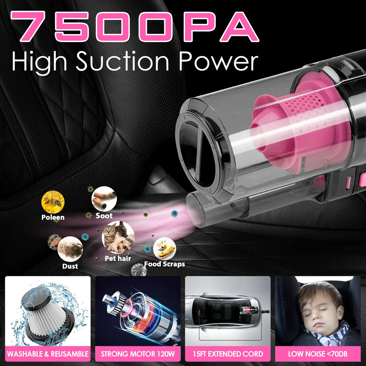 【Tiktokshopstockup】Viewsun 17Pcs Car Cleaning Kit, Pink Car Interior Detailing Kit with High Power Handheld Vacuum, Detailing Brush Set, Windshield Cleaner, Cleaning Gel, Complete Auto Accessories for Women Gift,Summervibes Toolupgrade