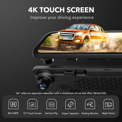 WOLFBOX G840S 12" Smart Rearview Mirror for Cars & Trucks,Backup Camera,4K Dashcam with 5.8Ghz Wifi,Front and Rear View Dual Cameras, Night Vision, Parking Assistance, Included 32GB Card & Gps,Car Accessories,Toolupgrade