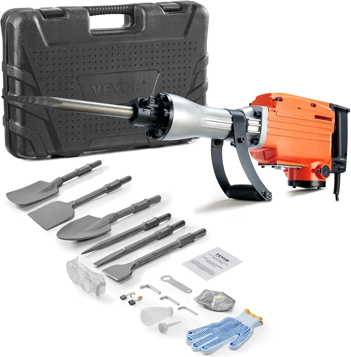 【Toolupgrade】Vevor Heavy Duty Impact Drill Demolition Jackhammer Work Tool Set - 2000W 110V Ready Power, Aluminum Body, 2/4/6 Drill Bits, 360°C Swiveling Front Handle, Cooling System, Gloves Included, for Construction Concrete Breaking, Chimney Work