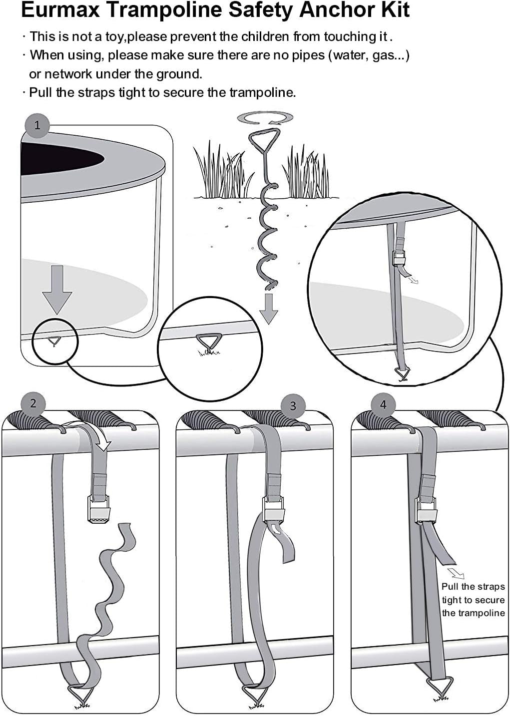 USA Trampoline Stakes Heavy Duty Trampoline Parts Corkscrew Shape Steel Stakes Anchor Kit with T Hook for Trampolines -Set of 4 Bonus 4 Strong Belt