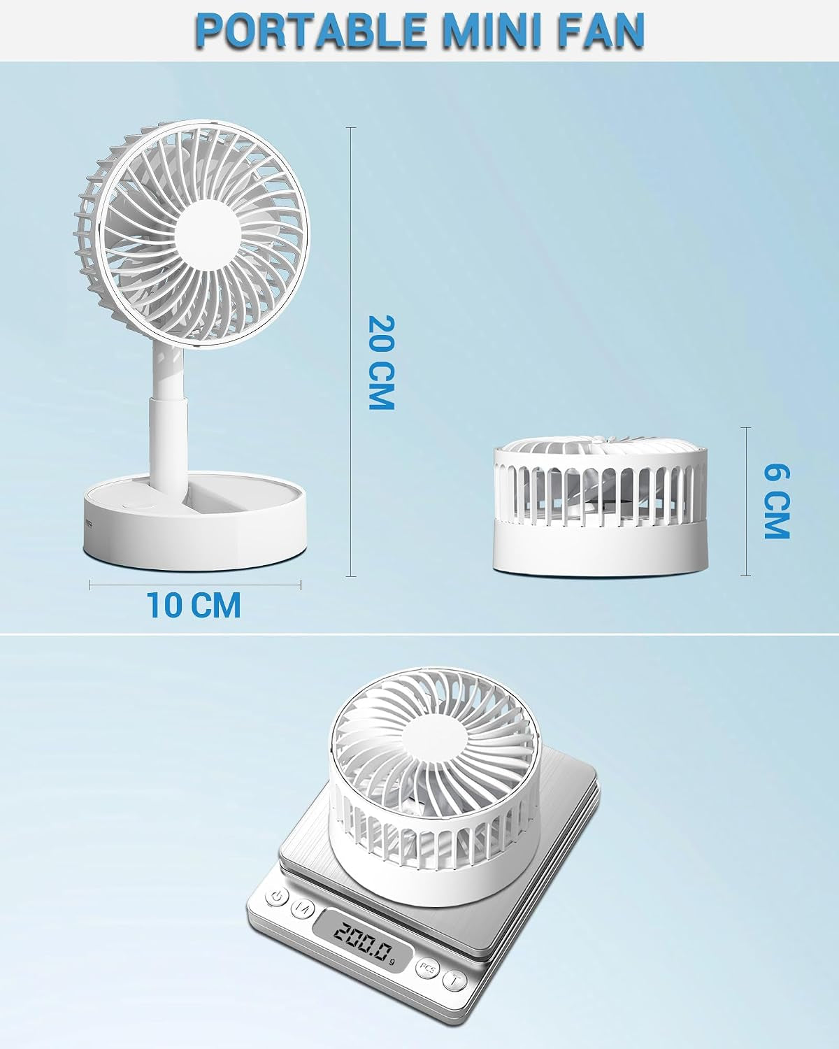 Kasydof Mini Fan, 4 Inch USB Portable Handheld Fan, Small Desk Fans with 3 Speed Settings, Battery Rechargeable Cooling Fans for Bedroom, Home and Outdoor