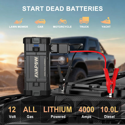 AVAPOW 4000A Car Jump Starter,Power Battery Jump Starter(For All Gas or up to 10L Diesel), Portable Booster Power Pack,12V Auto Jump Box, LED Light,Auto