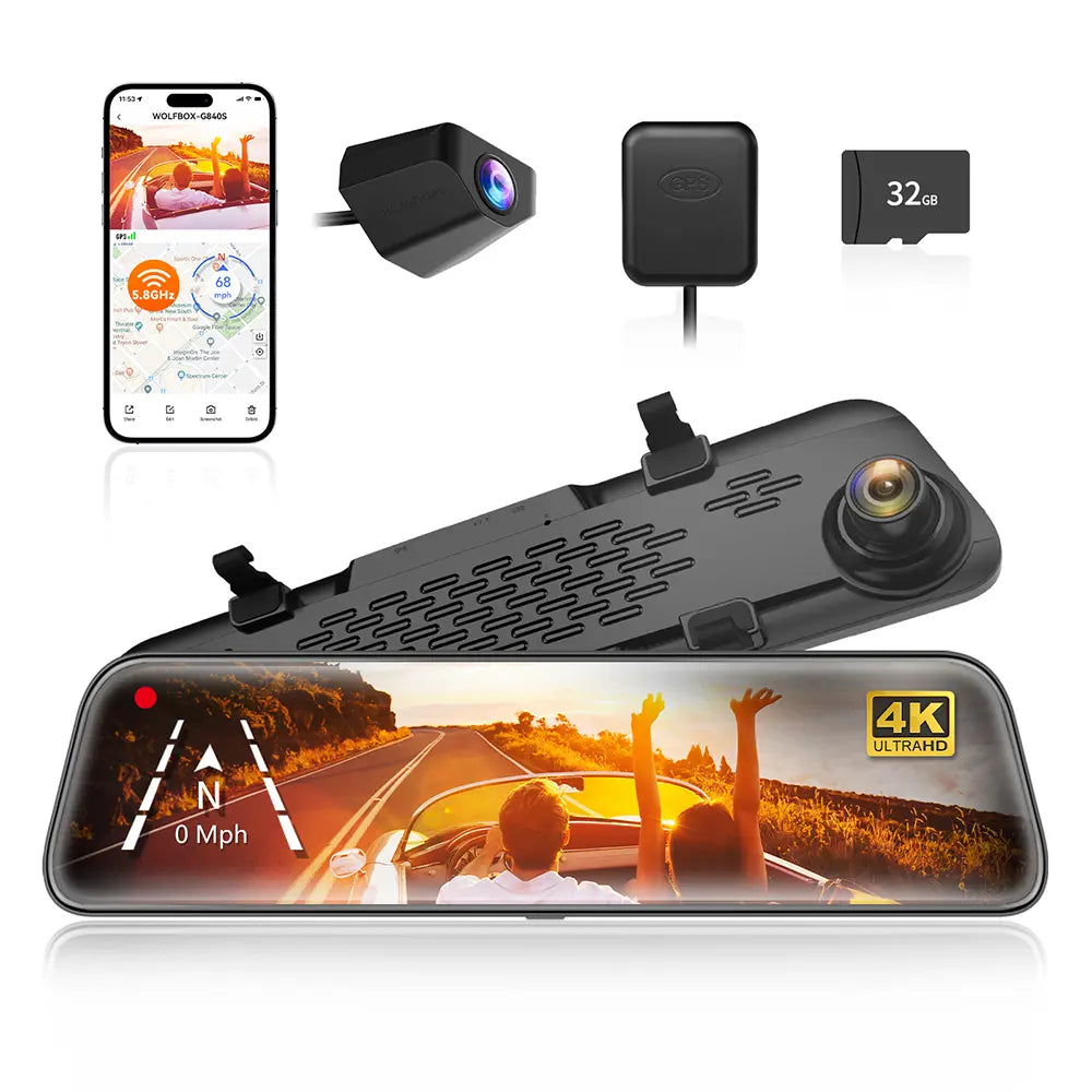 WOLFBOX G840S 12" Smart Rearview Mirror for Cars & Trucks,Backup Camera,4K Dashcam with 5.8Ghz Wifi,Front and Rear View Dual Cameras, Night Vision, Parking Assistance, Included 32GB Card & Gps,Car Accessories,Toolupgrade