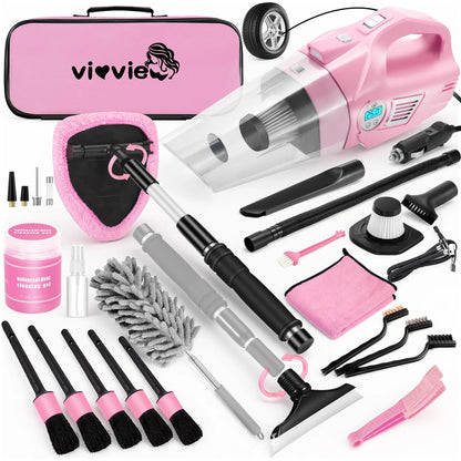 【Tiktokshopstockup】Viewsun 17Pcs Car Cleaning Kit, Pink Car Interior Detailing Kit with High Power Handheld Vacuum, Detailing Brush Set, Windshield Cleaner, Cleaning Gel, Complete Auto Accessories for Women Gift,Summervibes Toolupgrade