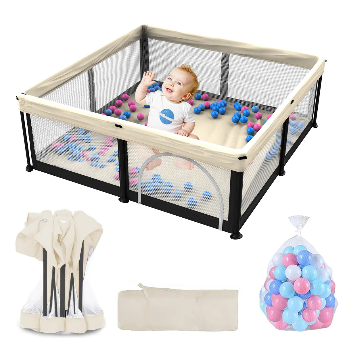 G TALECO GEAR Foldable Collapsible Portable Safety Playpen Play Yard (50"X50") with Mat, Breathable Gate, 50 Ocean Balls for Babies, Toddlers & Parents