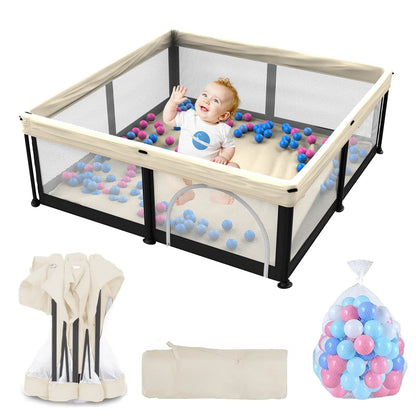 G TALECO GEAR Foldable Collapsible Portable Safety Playpen Play Yard (50"X50") with Mat, Breathable Gate, 50 Ocean Balls for Babies, Toddlers & Parents