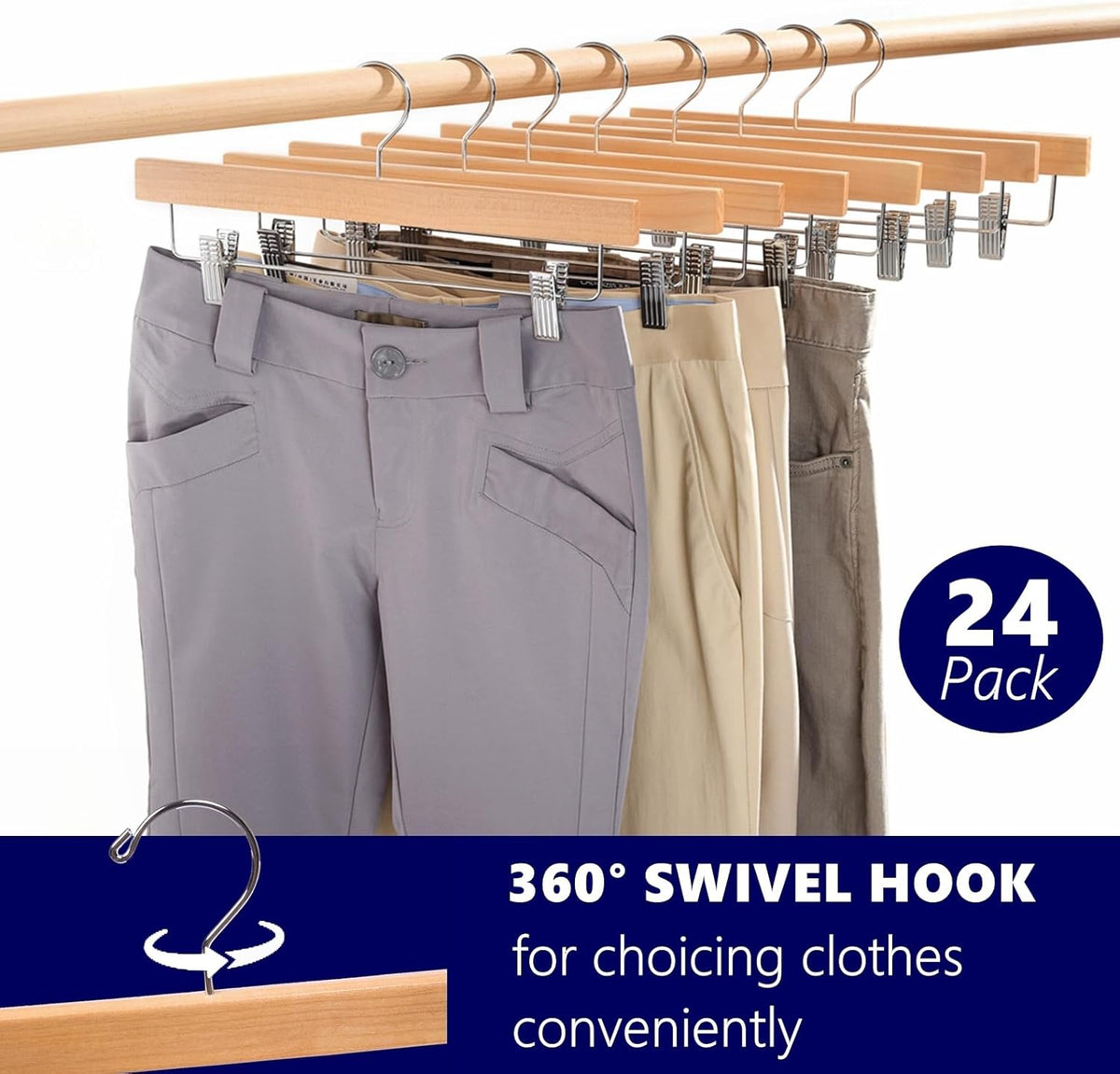 24 Pack Natural Wooden Pants Hangers with Clips, Wood Skirt Hangers Trouser Hangers for Jeans, Slacks, Shorts with 2-Adjustable Clips (Natural, 24 Pack)