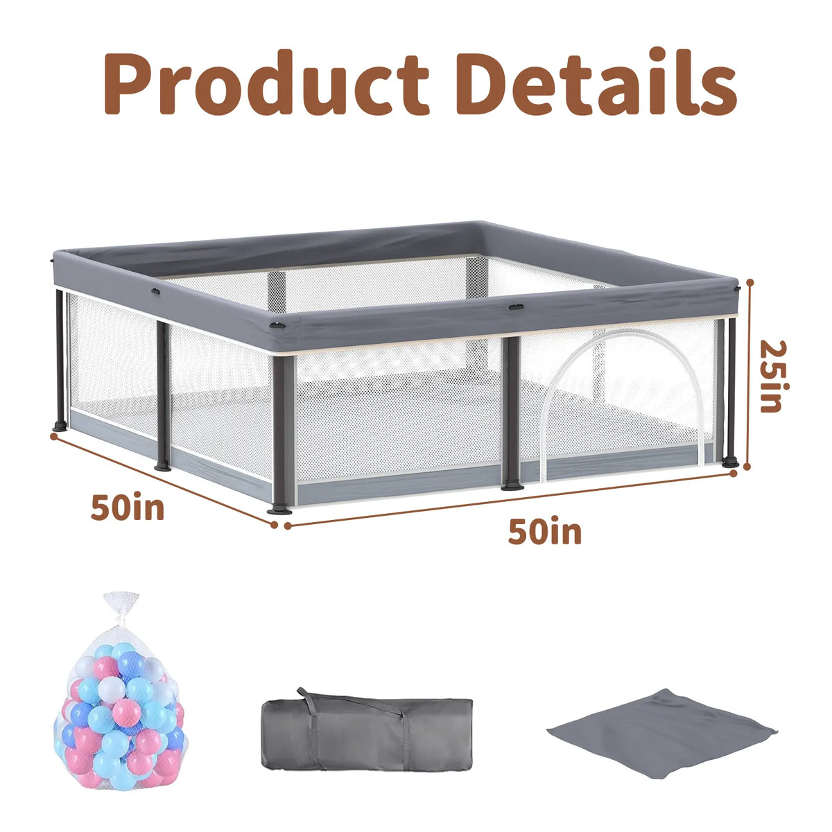G TALECO GEAR Foldable Collapsible Portable Safety Playpen Play Yard (50"X50") with Mat, Breathable Gate, 50 Ocean Balls for Babies, Toddlers & Parents