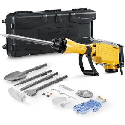 【Toolupgrade】Vevor Heavy Duty Impact Drill Demolition Jackhammer Work Tool Set - 2000W 110V Ready Power, Aluminum Body, 2/4/6 Drill Bits, 360°C Swiveling Front Handle, Cooling System, Gloves Included, for Construction Concrete Breaking, Chimney Work