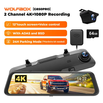 WOLFBOX G840S 12" Smart Rearview Mirror for Cars & Trucks,Backup Camera,4K Dashcam with 5.8Ghz Wifi,Front and Rear View Dual Cameras, Night Vision, Parking Assistance, Included 32GB Card & Gps,Car Accessories,Toolupgrade
